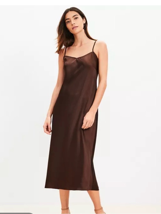 LOFT Dresses & Skirts - Satin Bias Slip Midi Dress in Chocolate Brown- Size 10